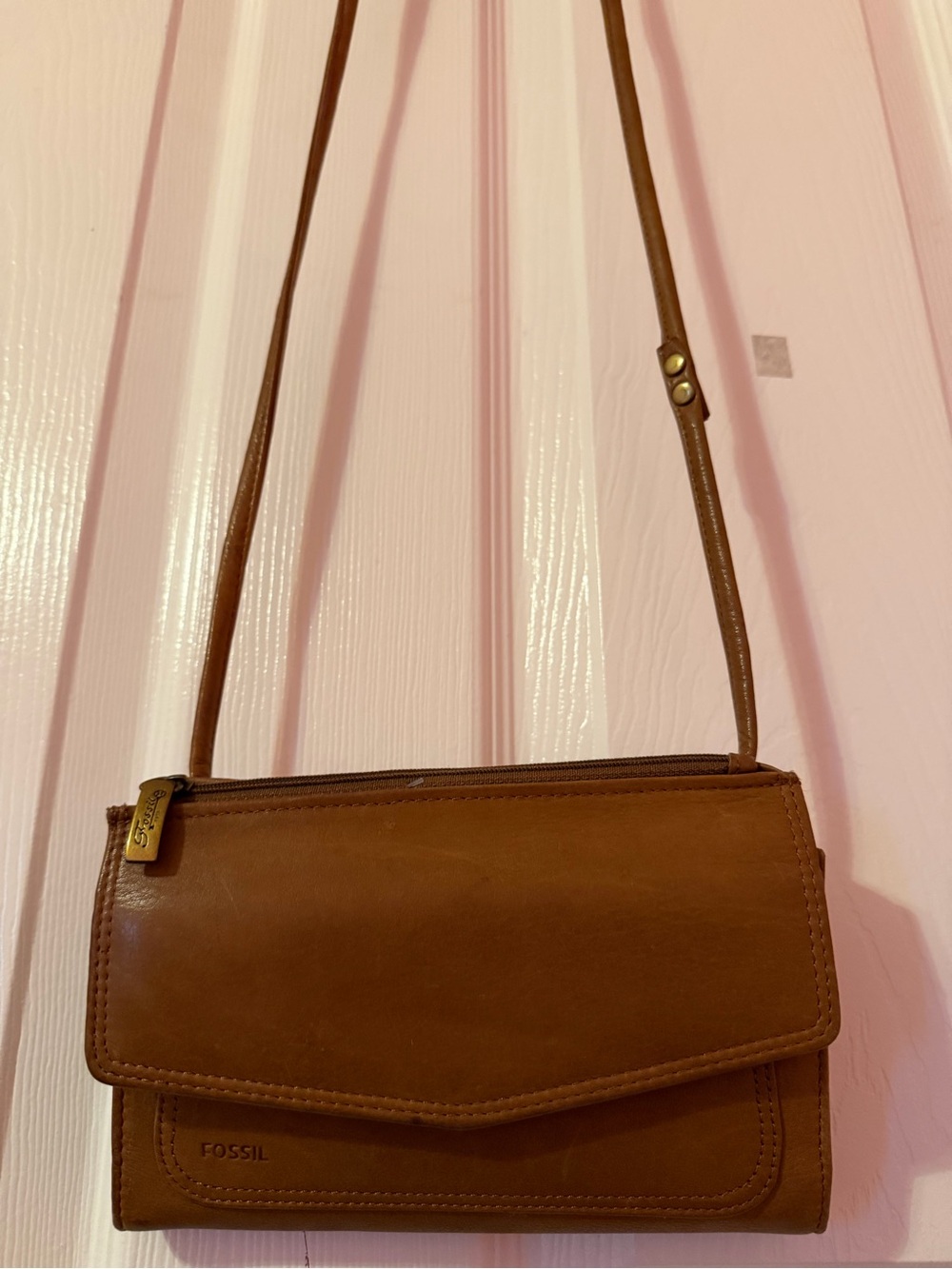 Fossil Vintage British Tan  Leather Wallet Organizer Crossbody
